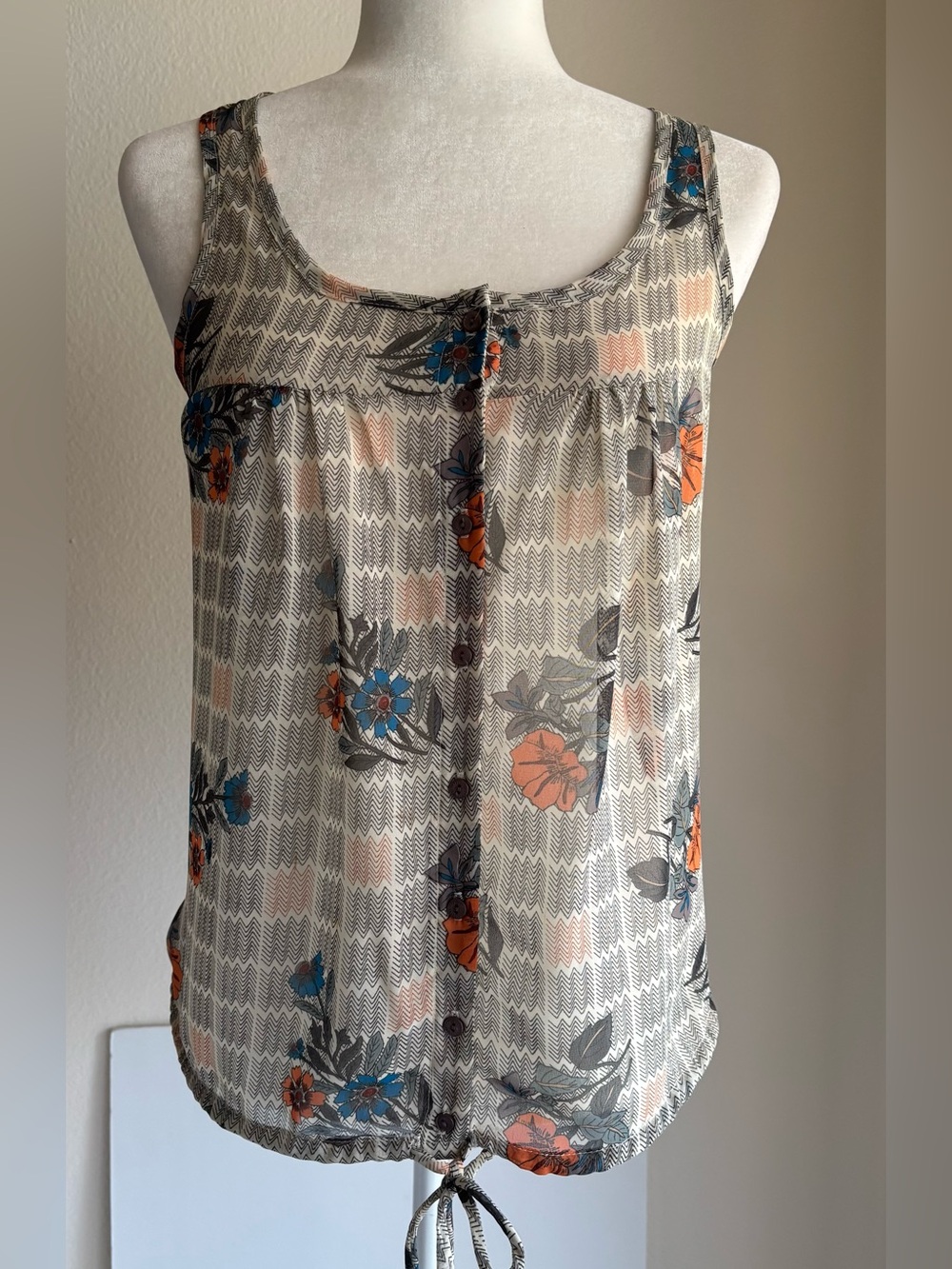 Lily White Cream Floral Chevron Button-Front Tank with Orange & Blue Accents